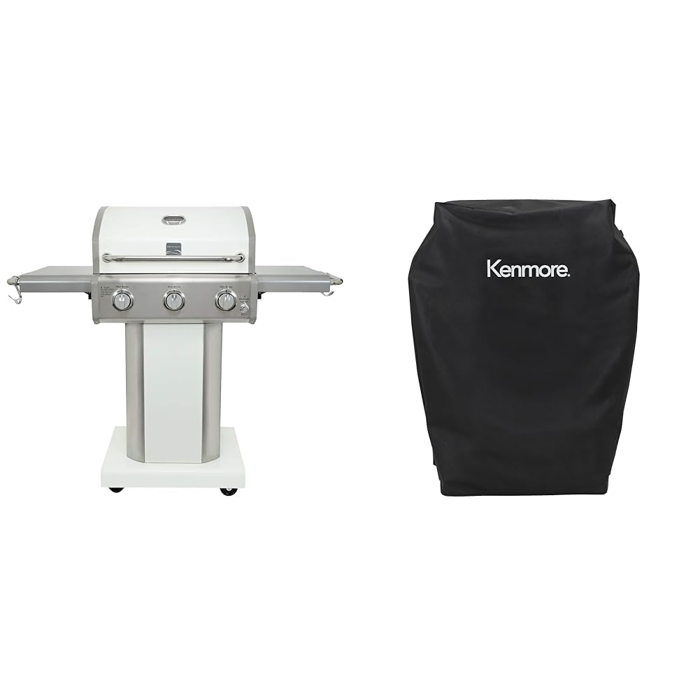 Kenmore 3-Burner 30,000 BTU Outdoor Propane Gas Grill with Folding Sides, 512 in2 Cooking Surface, Cast Iron Grates, Built-In Thermometer and Kenmore 33 in Grill Cover