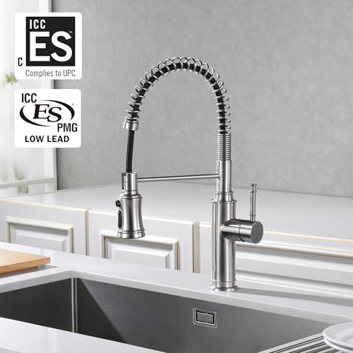 Sumerain Pull-Out Spring Sprayer Kitchen Sink Faucet with 360° Rotating Spout and Single Level Handle, Brushed Nickel