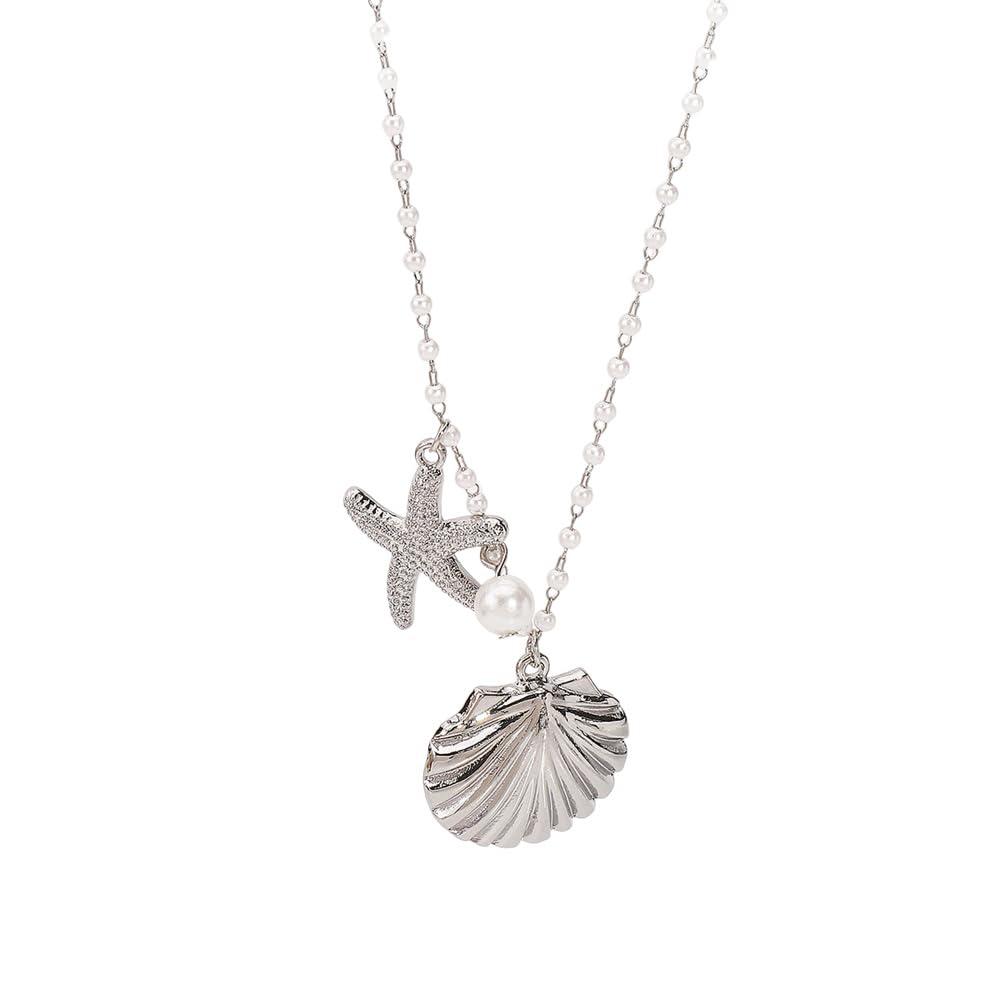 Dainty Gold Starfish Beach Pendant Necklace for Women Cute Charms Shell Pearl Ball Chain Choker Necklaces Adjustable Ocean Sea Summer Accessories Y2K Holiday Party Jewelry 20" (Silver)