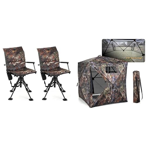 ARROWHEAD OUTDOOR 2-Pack Folding 360° Hunting Swivel Camouflage Blind Chair w/Armrest + 270° Vision 4.8x4.8 Ft Pop-up 2-3 Person See-Through Hunting Stealth Deer Blind Shelter w/Silent Magnetic Door