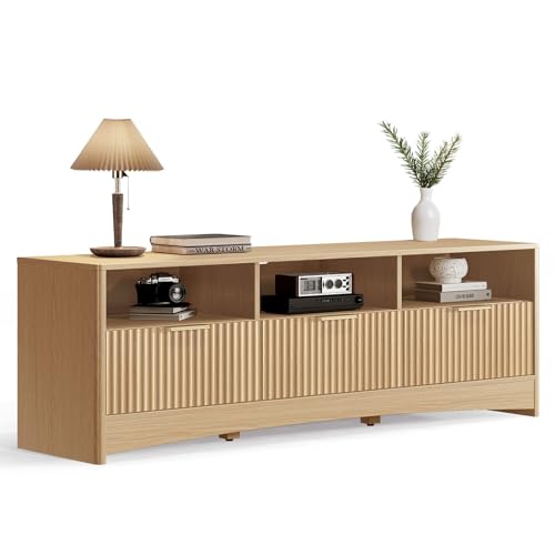 Marsail 59″ Wide TV Stand for TVs Up to 65″, Modern Entertainment Center with Fluted Panels, 3 Easy-Sliding Drawers, Open Shelves & Cable Hole, 3-Tier TV Stands for Living Room & Bedroom, Natural Oak