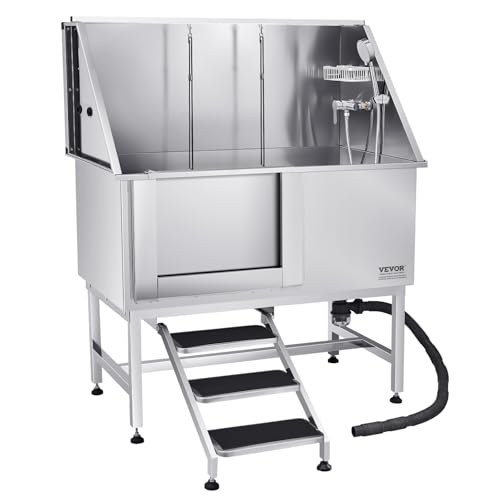 VEVOR Stainless Steel Dog Washing Station, Professional 50 inch Pet Grooming Tub w/Stairs, PE Water Filter Board, Faucet & Showerhead & Soap Holder Bathtub for Large & Medium & Small Pets (Left Door)