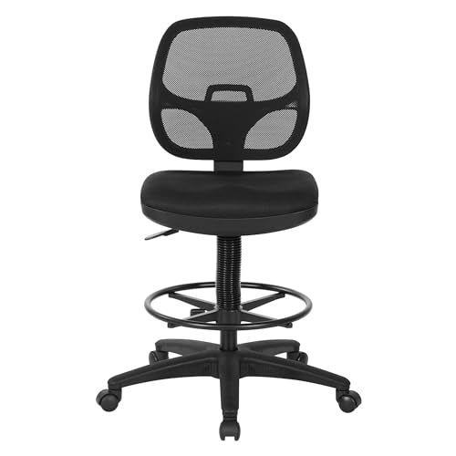 Office Star DC Series Deluxe Breathable Mesh Back Ergonomic Drafting Chair with Lumbar Support and Adjustable Footring, Black Fabric