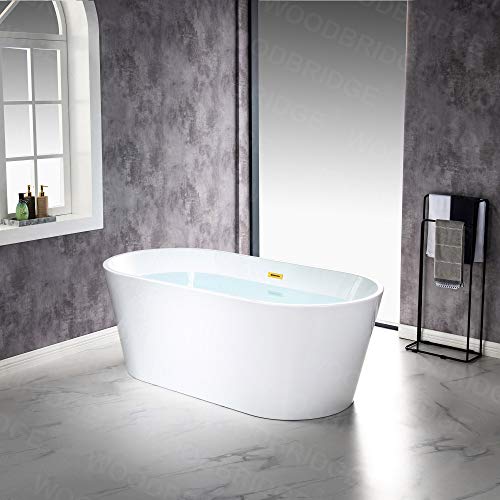 WOODBRIDGE 67" Acrylic Freestanding Bathtub Contemporary Soaking White Tub with Brushed Gold Overflow and Drain，B0013-BG