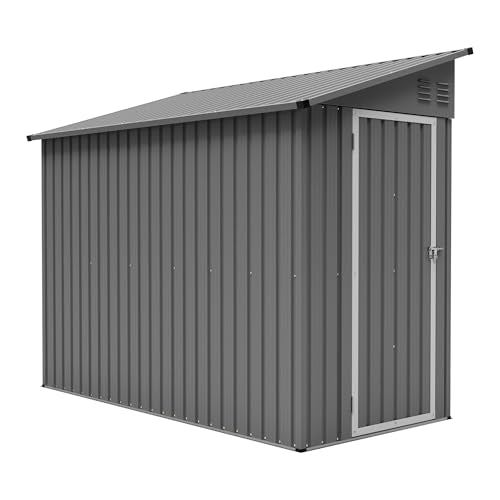 YOPTO 4×8 FT Lean to Metal Shed,Outdoor Heavy-Duty Storage Shed with Floor Base,All Weather Waterproof Garden Tool House W/Lockable Door&2 Air Vents,Reversible Door Design,for Backyard,Patio,Lawn,Gray