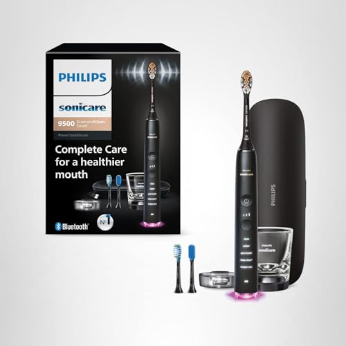 Philips Sonicare DiamondClean Smart 9500 Electric Toothbrush, Sonic Toothbrush with App, Pressure Sensor, Brush Head Detection, 5 Brushing Modes and 3 Intensity Levels, Black, Model HX9923/11