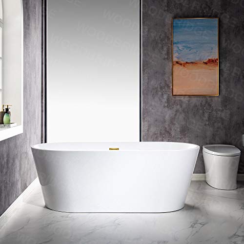 WOODBRIDGE 67" Acrylic Freestanding Bathtub Contemporary Soaking White Tub with Brushed Gold Overflow and Drain，B0013-BG