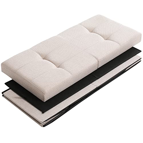 CUYOCA Storage Ottoman Bench Foldable Seat Footrest End of Bed Ottoman with Flipping Lid for Living Room, 75L, 30 inches Linen Fabric Beige