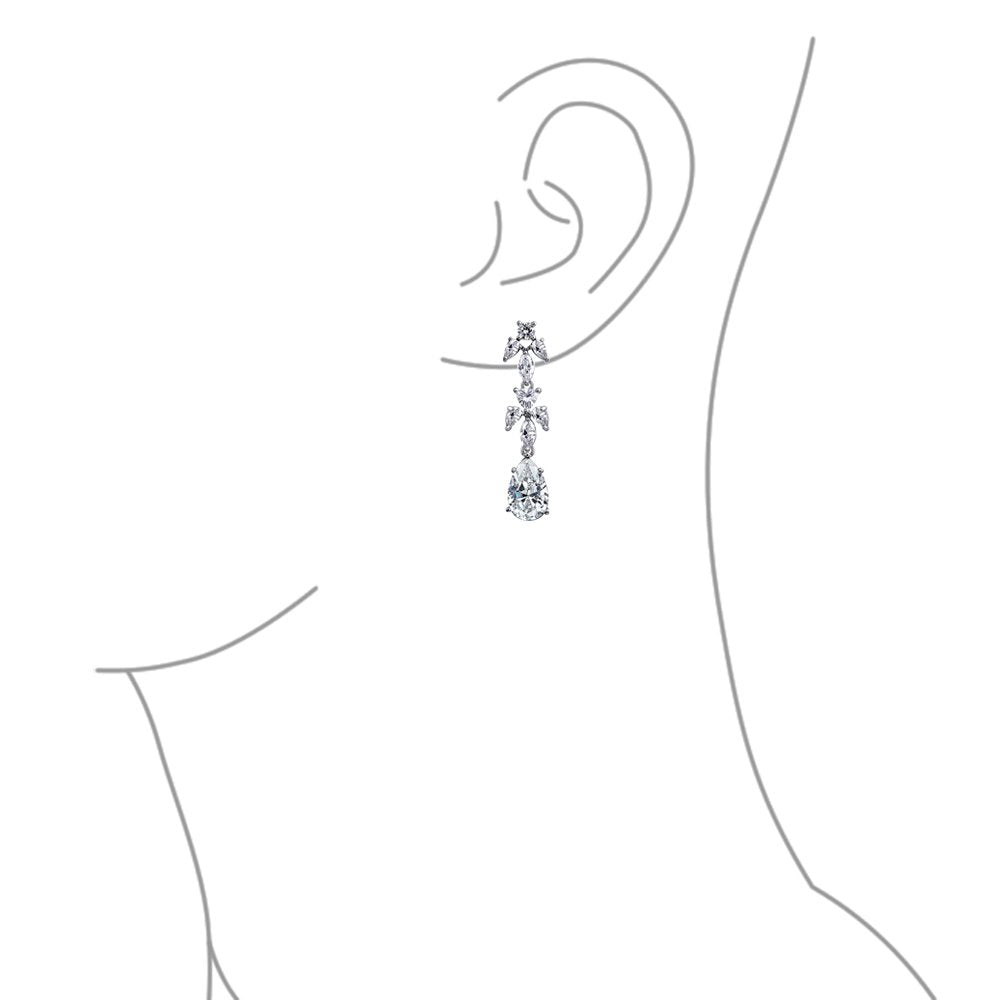 Vintage Estate Art Deco Style Design Bridal Jewelry Set Fashion Bridal Multi Teardrop AAA CZ Statement Spray Collar Necklace & Chandelier Dangle Earrings For Women Silver Plated