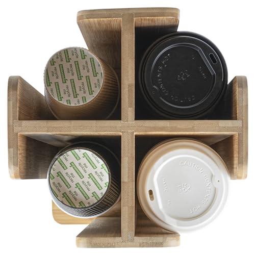Restaurantware Restpresso 9 x 18 Inch Coffee Cup and Lid Organizer 1 Revolving Cup and Lid Holder - 4 Section Countertop Natural Bamboo Cup and Lid Dispenser For Restaurants Homes or Offices
