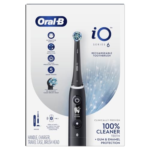 Oral-B Rechargeable Electric Toothbrush, iO6 Connected Coach, 5 Cleaning Modes, Visual Pressure Sensor to Protect Gums, Interactive Display, Travel Case, Black Lava