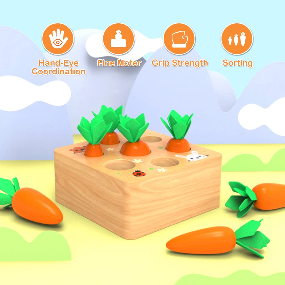 Wdmiya Montessoritoys for 1 Year Old, Wooden Toys Developmental Shape Sorting & Matching Puzzle Carrots Harvest Game, Birthday Gifts for Toddlers Babies Boys and Girls 6-12 Months Christmas