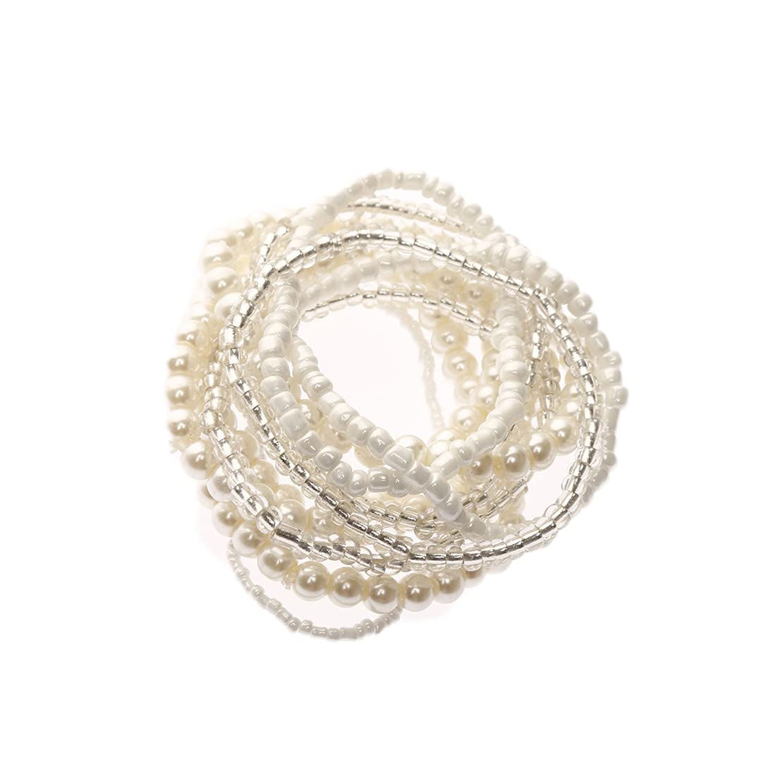 COLORFUL BLING Women Multilayer Temperament Imitated Pearl Stackable Strand Bracelets Beaded Seed Heart Rhinestone Crystal Stretch Bracelet Wedding Wrist Jewelry (white bead)