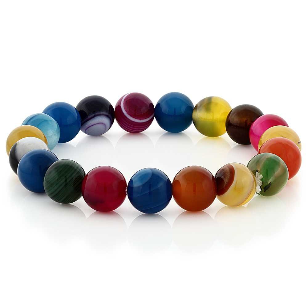 Gem Stone King Multi Color Agate Gemstone Beaded Stretch Stretchy Bracelet For Women | 10MM Round Beads | Fits up to 8.5 Inches Wrist
