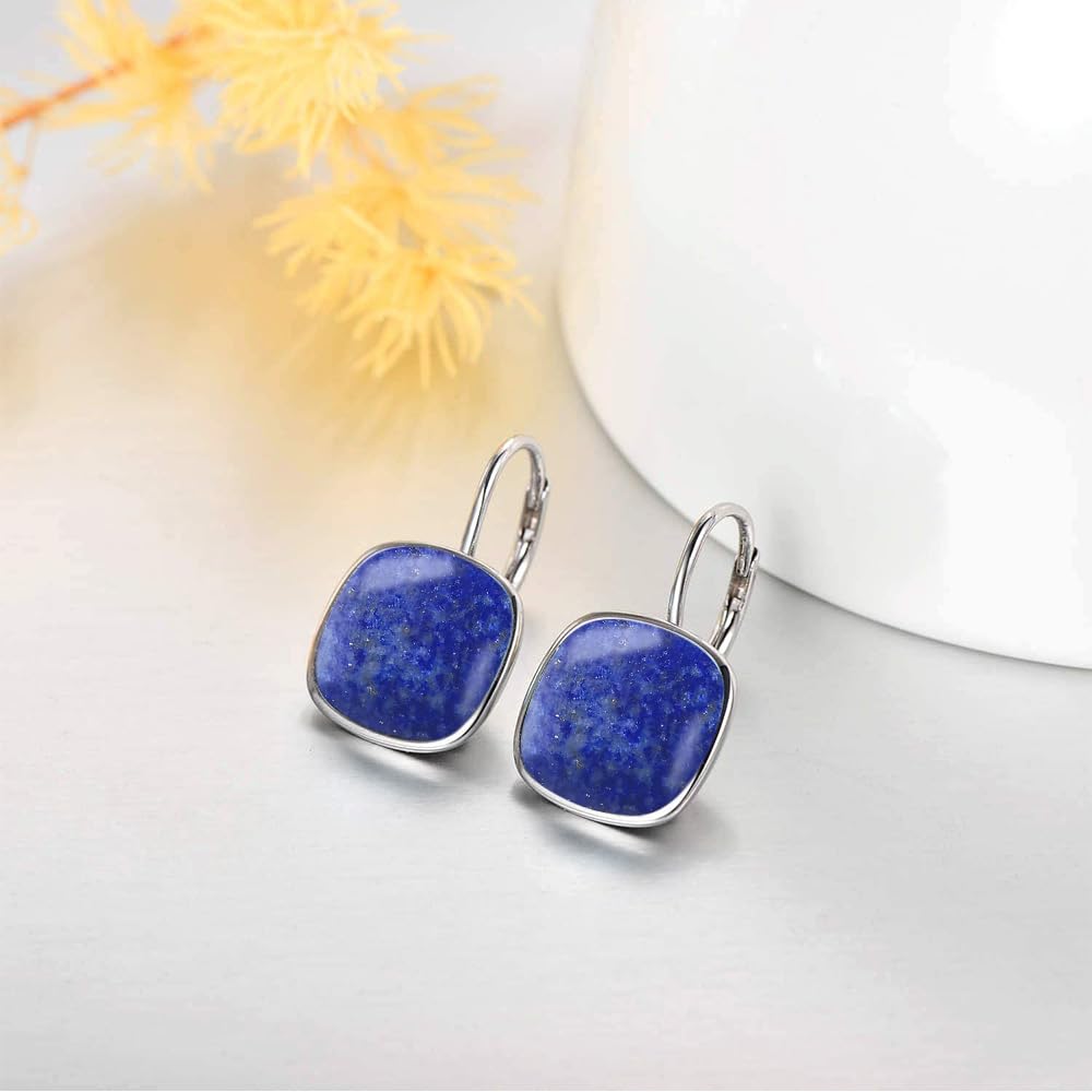 AOBOCO Sterling Silver Leverback Earrings Embellished with Crystals from Austria, Hypoallergenic Cushion Cut Square Crystal Earrings, Fine Anniversary Birthday Jewelry Gifts for Women (lapis)