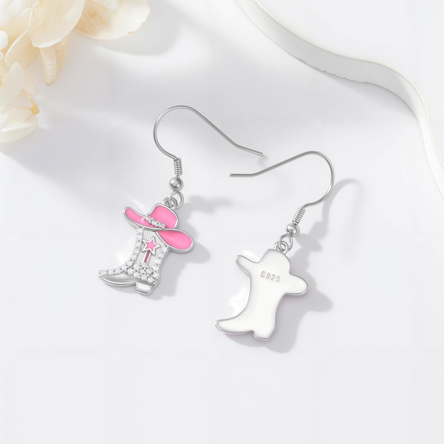 KoyeKei Pink Cowgirl Boot Earrings Western 925 Sterling Silver Pink Cowboy Texas Boot Country Dangle Drop Cubic Zirconia Earrings Western Jewelry Christmas Gifts for Women