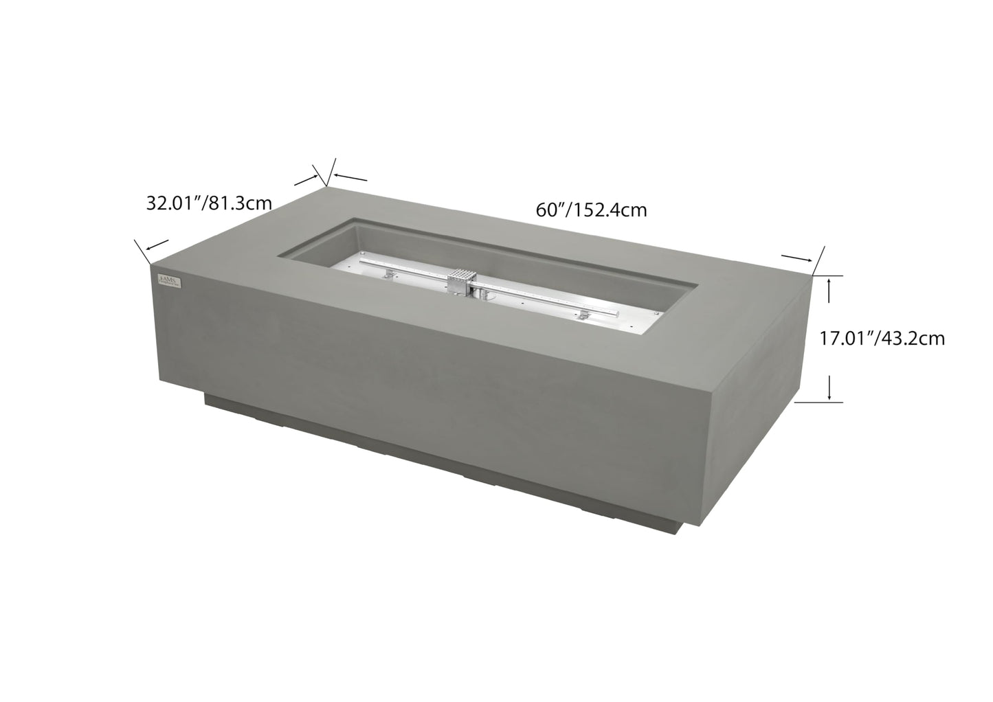 AMS Creations | Madison 60" Bundle Rectangular Natural Gas Outdoor Fire Pit Table | Light Gray Concrete GFRC | Smooth Texture or Surface | Electronic Ignition | Outside Backyard Fireplace