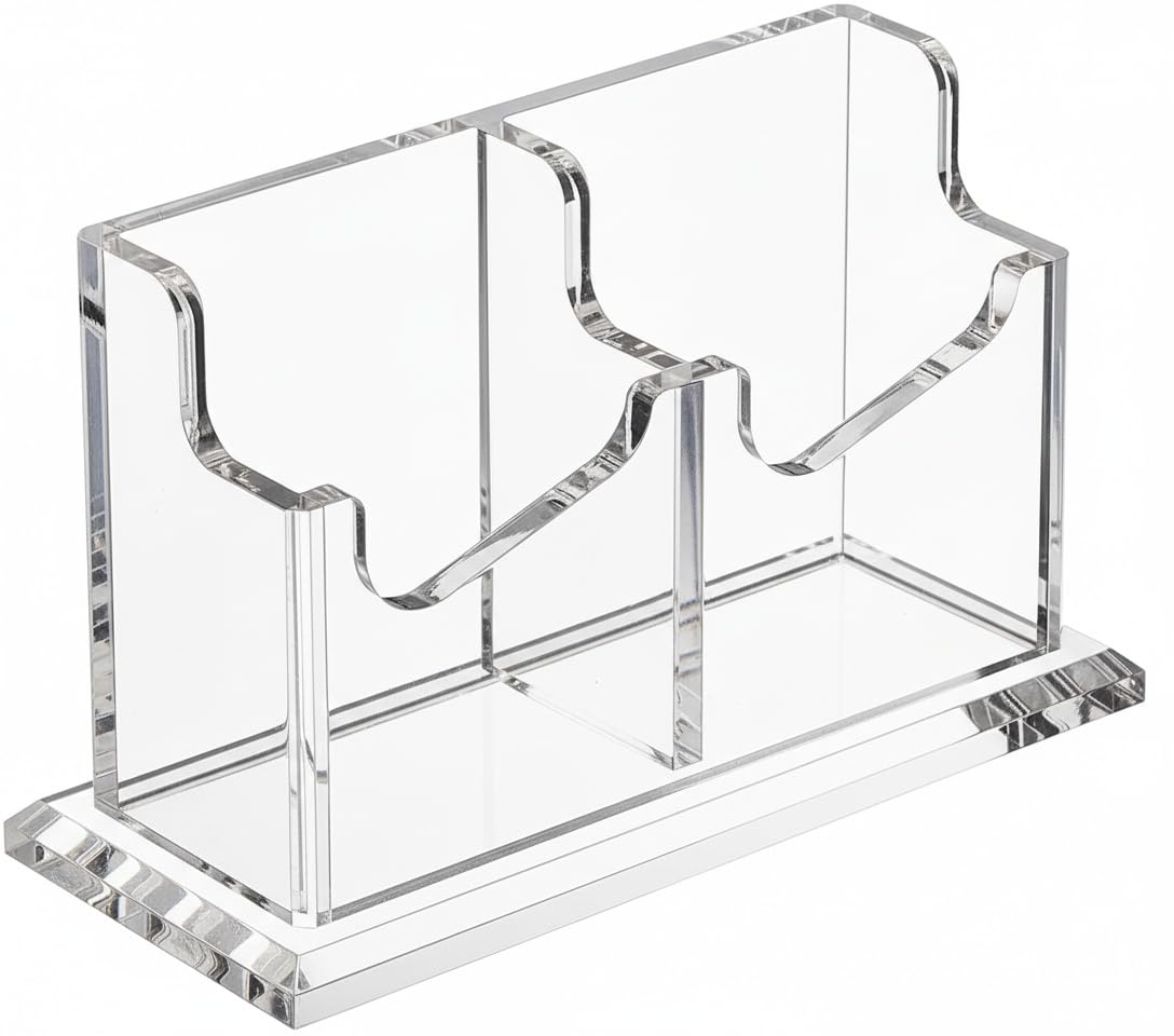 Acrylic Business Card Holder for Desk - 2 Slot Vertical Clear Business Card Display Stand, Fits Standard 2 x 3.5 Inch Cards, Office Desk Organizer for Home & Professional Use