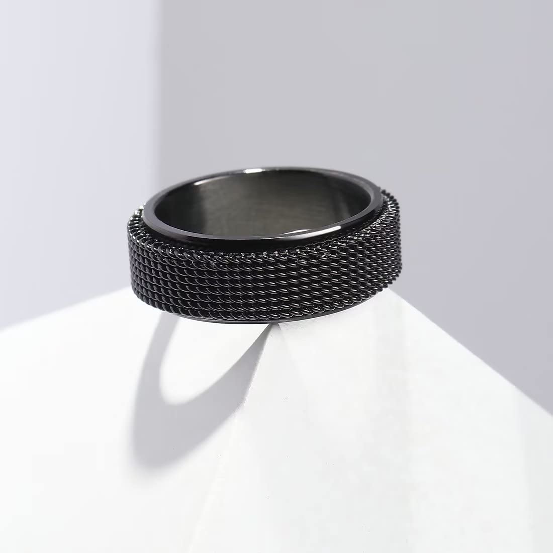 King Will Black 8mm Stainless Steel Chain Mesh Simple Plain Spinner Anxiety Ring for Women Men Wedding Band Ring Fidget Ring Mesh Chain Woven Mesh 8