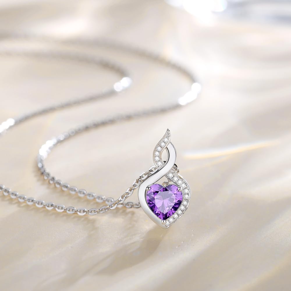 FANCIME Amethyst Necklace 14K Solid White Gold Heart Pendant with Diamond February Birthstone Necklace Jewelry Gifts for Mom Women