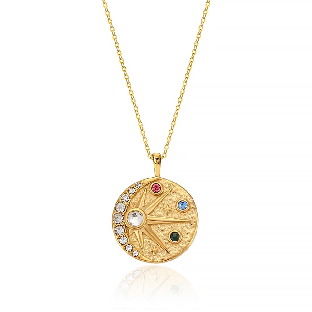 18k Gold Plated Sun and Moon Coin Pendant Necklace for Women Colorful CZ Crescent Moon Medallion Charm Necklace Dainty Star Celestial Zodiac Jewelry 16.5’’