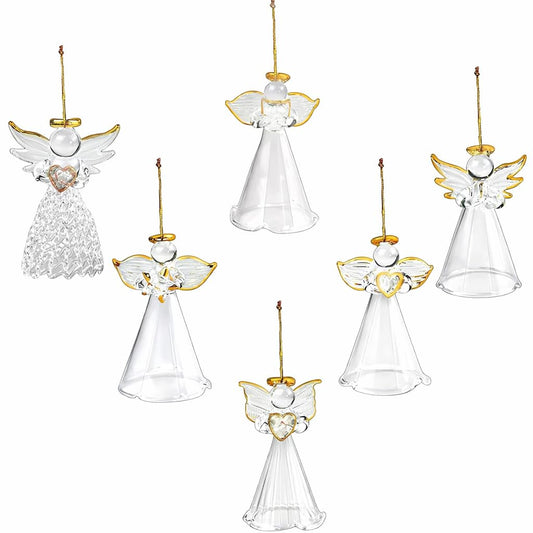 4E's Novelty Glass Angel Ornaments for Christmas Tree (Set of 12) - 2.5" Mini in 6 Unique Design, Crystal Spun Glass Angel Ornaments for Christmas Tree,