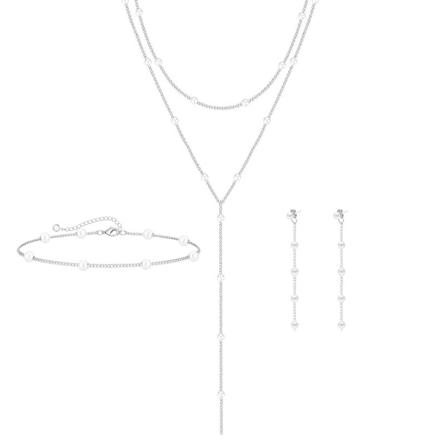 HERIER Silver Jewelry Set for Women Dainty Silver Plated Layered Pearl Necklaces for Women Pearl Drop Earrings Bracelets Trendy Wedding Bride Jewelry Gift