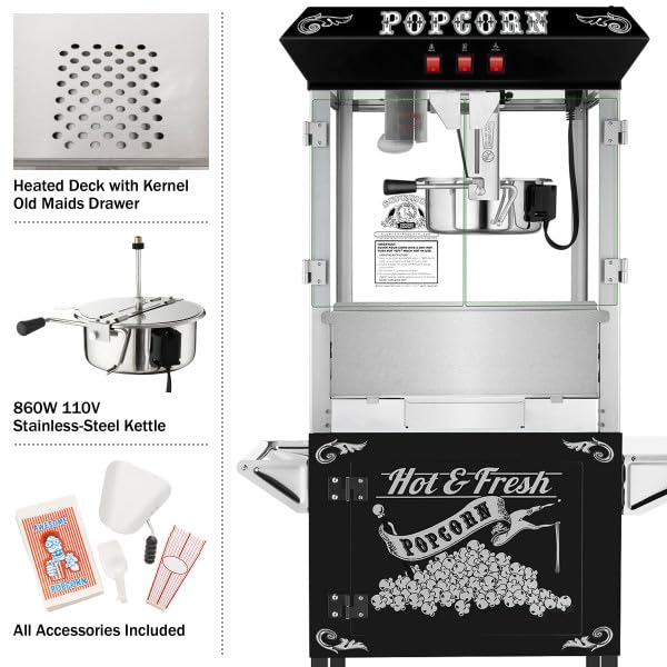 Popcorn Machine with Cart – 8oz Popper with Stainless-steel Kettle, Heated Warming Deck, and Old Maids Drawer by Superior Popcorn Company (Black)