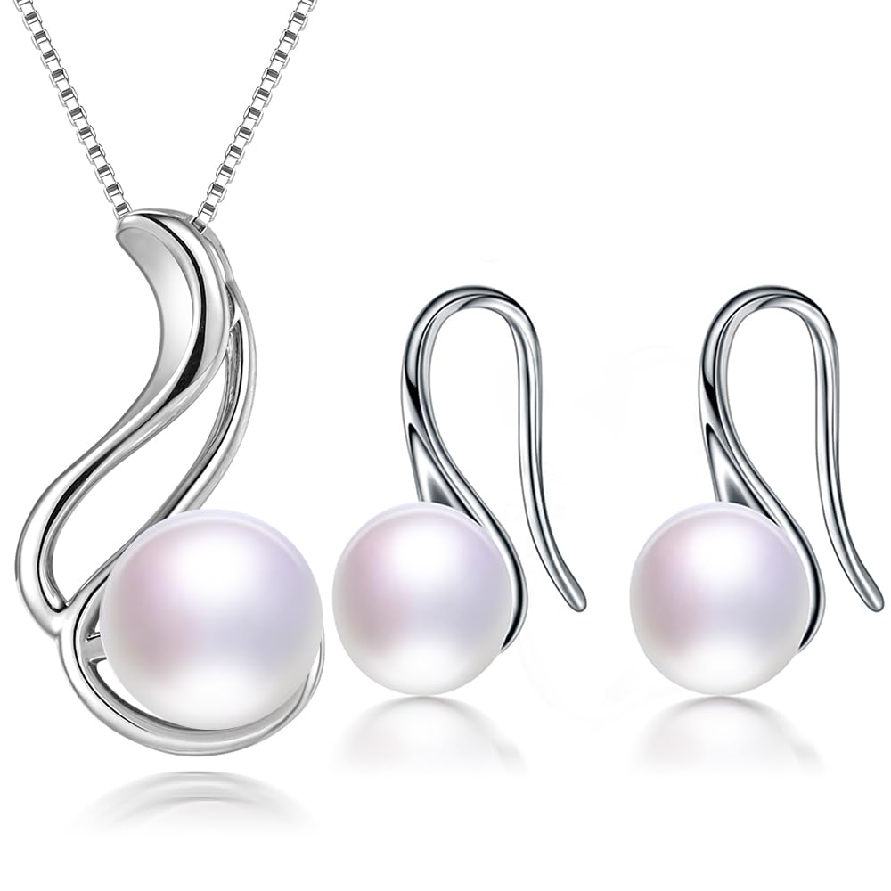 HENGSHENG Pearl Jewelry Set For Women 927 Sterling Silver Necklace Pearl Pendant & Pearl Earrings Freshwater Pearl Drop Jewelry Set for Wedding Prom Gift