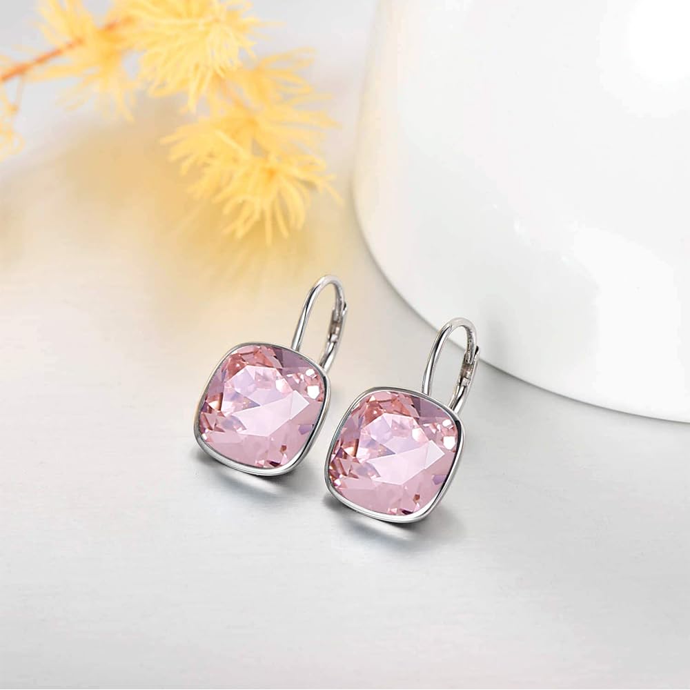 AOBOCO Sterling Silver Leverback Earrings Embellished with Crystals from Austria, Hypoallergenic Cushion Cut Square Crystal Earrings, Fine Anniversary Birthday Jewelry Gifts for Women (Pink)