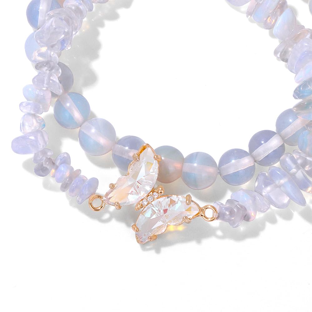 GolbalJew Opal Stone Bracelet for Women Healing Crystal Stone Bracelets Gemstone Beads Stretch Bracelet Butterfly Charms Jewelry Women Gift