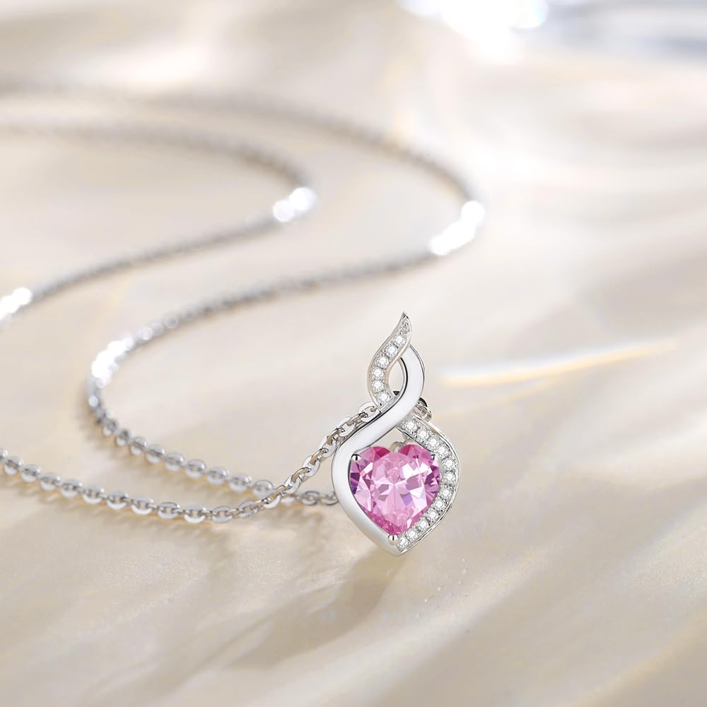 FANCIME Pink Tourmaline Necklace 14K Solid White Gold Heart Pendant with Diamond October Birthstone Necklace Birthday Gifts for Mom Women