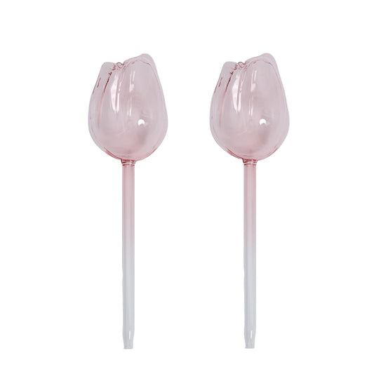NovaPuff 2 Pcs Pink Tulip Self Watering Plant Globes,Glass Watering Bulbs Watering Spikes, Automatic Watering Devices for Indoor Plants/Travel Vacation