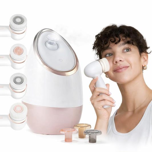 Vanity Planet Aira Ionic Facial Steamer + Raedia 2.0 Facial Cleansing Brush (White) – Prep & Deep Cleanse Skincare Bundle for Glowing, Clear Skin – Ionic Steam + 4 Brush Heads for Spa-Quality Results