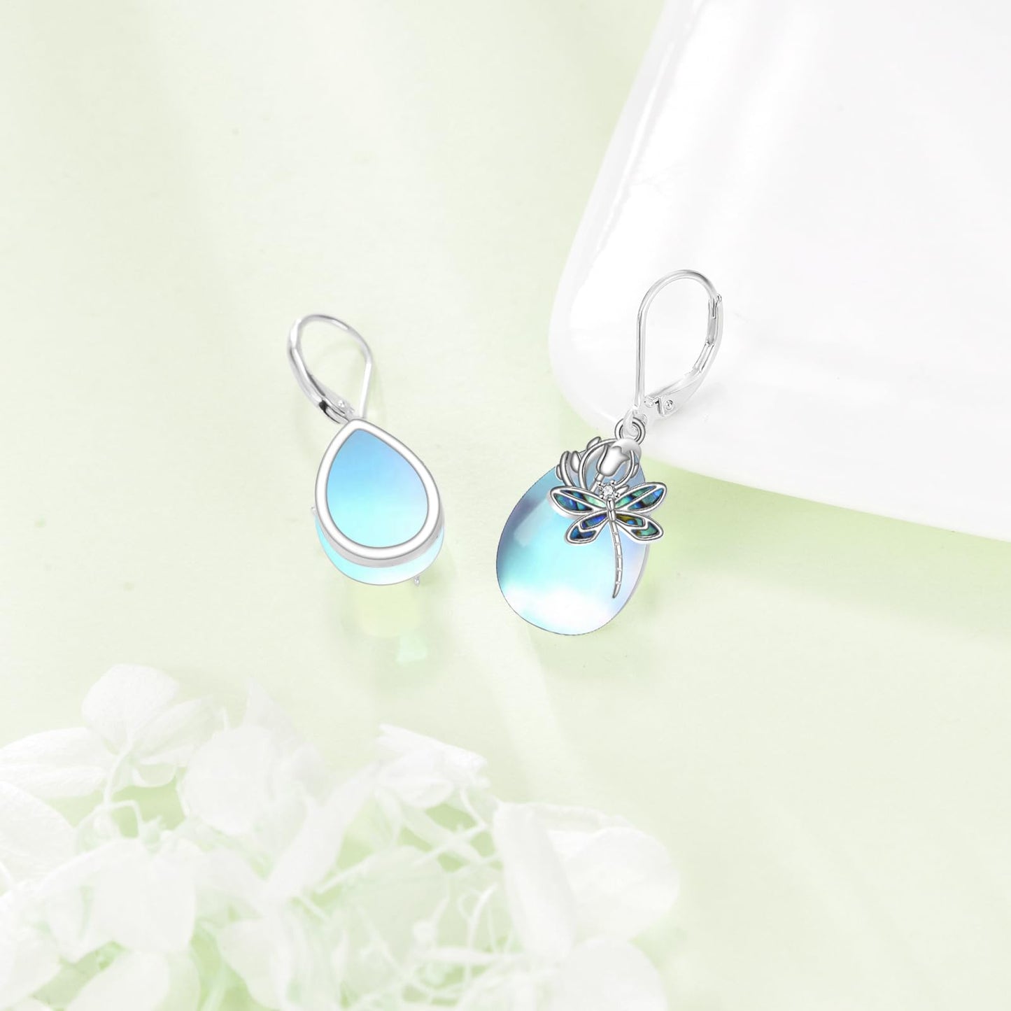 TIGER RIDER Bee/Butterfly/Scorpion/Cactus/Leaf/Beetle 925 Sterling Silver French Clasp Leverback Earrings Amber/Crystal/Citrine/Moonstone/ Obsidian/Jade/Rose quartz Pendant Jewelry Gift for Women (moonstone-dragonfly)