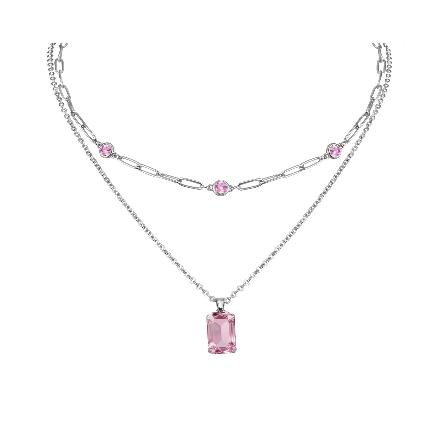 VANGETIMI Pink and Silver Layered Pendant Necklaces for Women Silver Plated Crystal Choker Necklace Paperclip Rhinestone Necklace Party Prom Jewelry