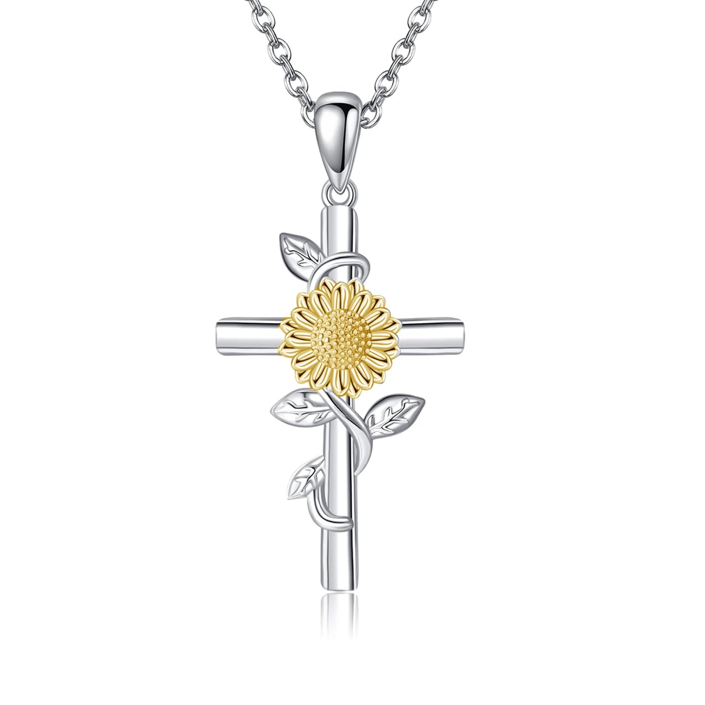 Sunflower Cross Necklace 925 Sterling Silver Cross Sunflower Pendant Necklace Birth Flower Jewelry for Women