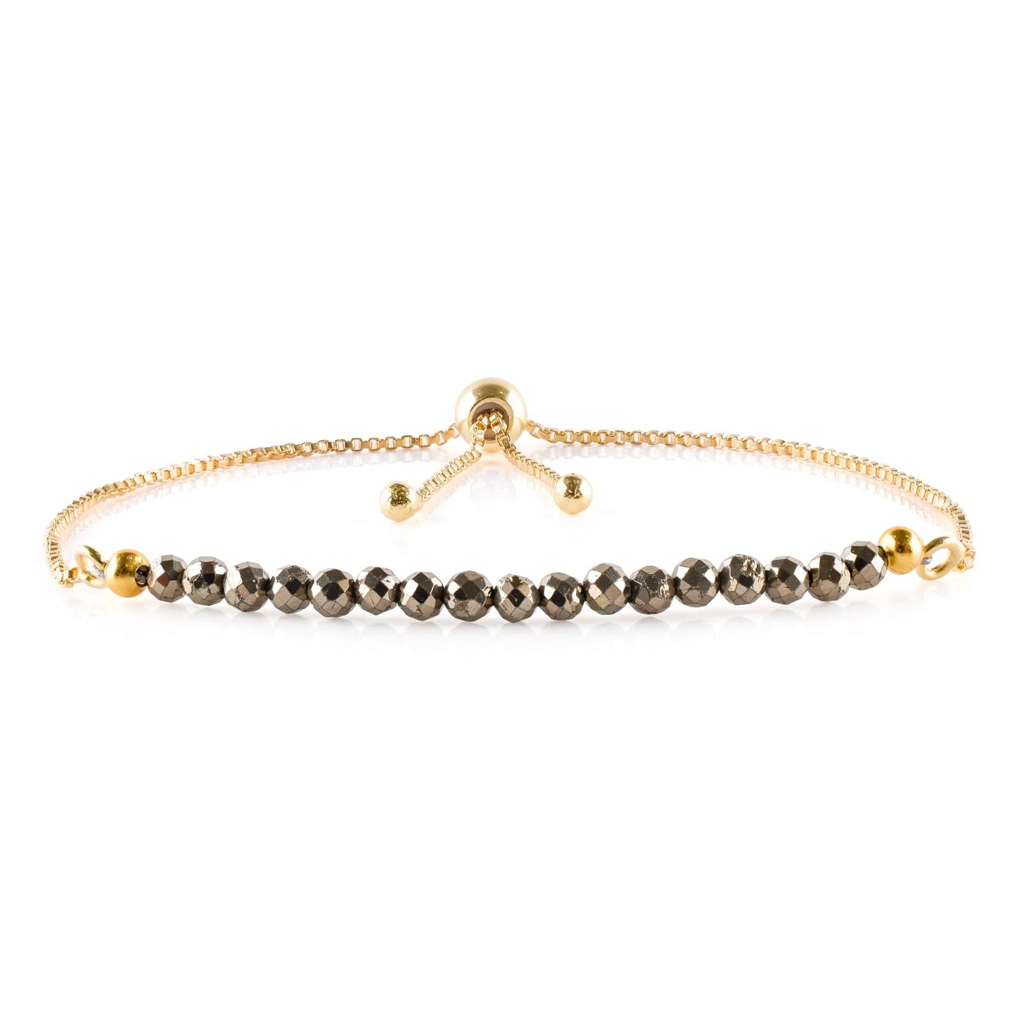 InfinityGemsArt Golden Pyrite Bracelets For Women Natural Birthstone Jewelry Micro Beads Beaded Stone Bolo Slider Crystals Gemstones, 14K Gold Plated Adjustable Chain, Gifts For Her