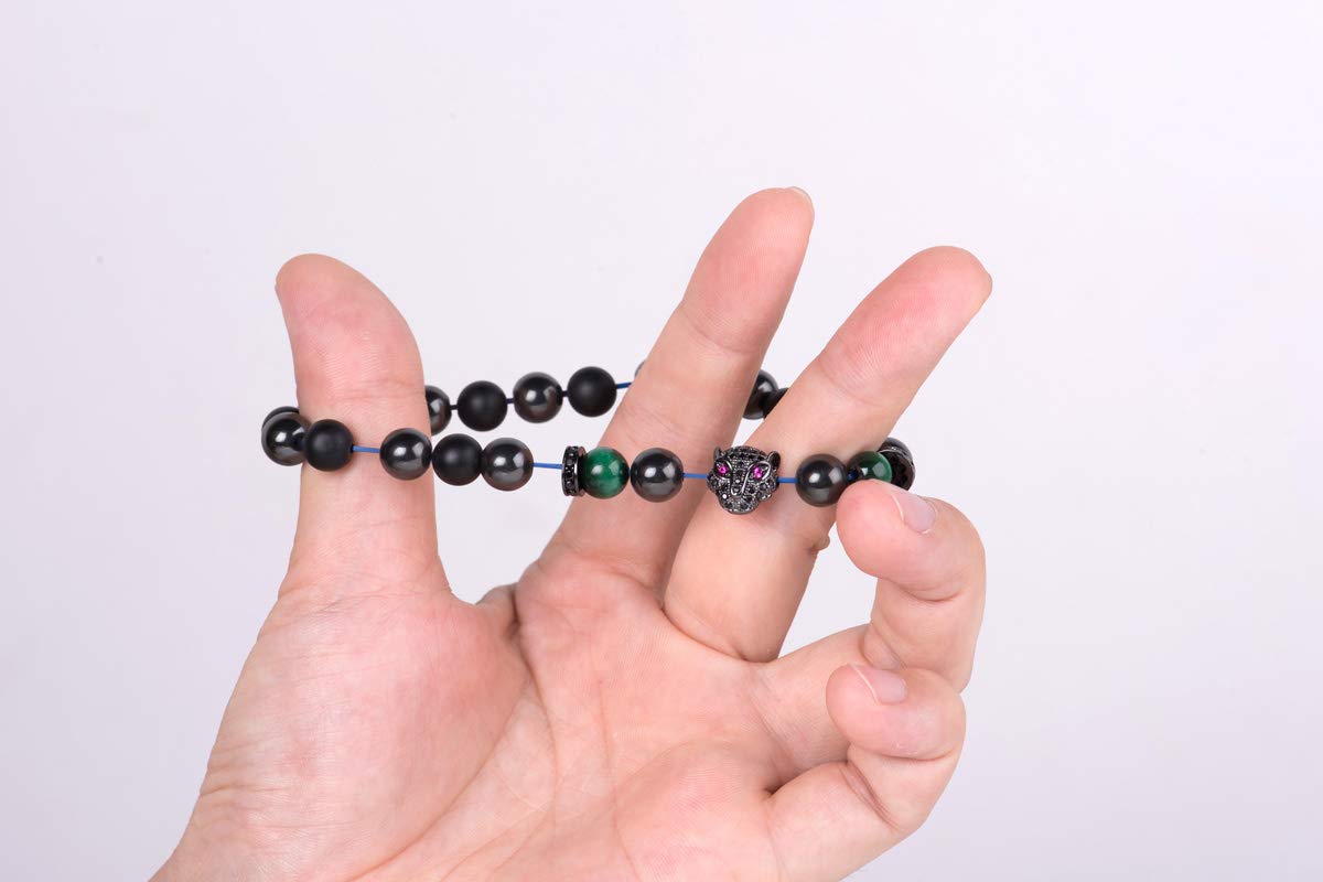 Karseer Black Panther Bracelet, Matte Onyx Natural Crystal and Magnetic Hematite Stone Beaded Elastic Bracelet, Handmade Semi-Precious Stone Jewelry Gift for Men and Women