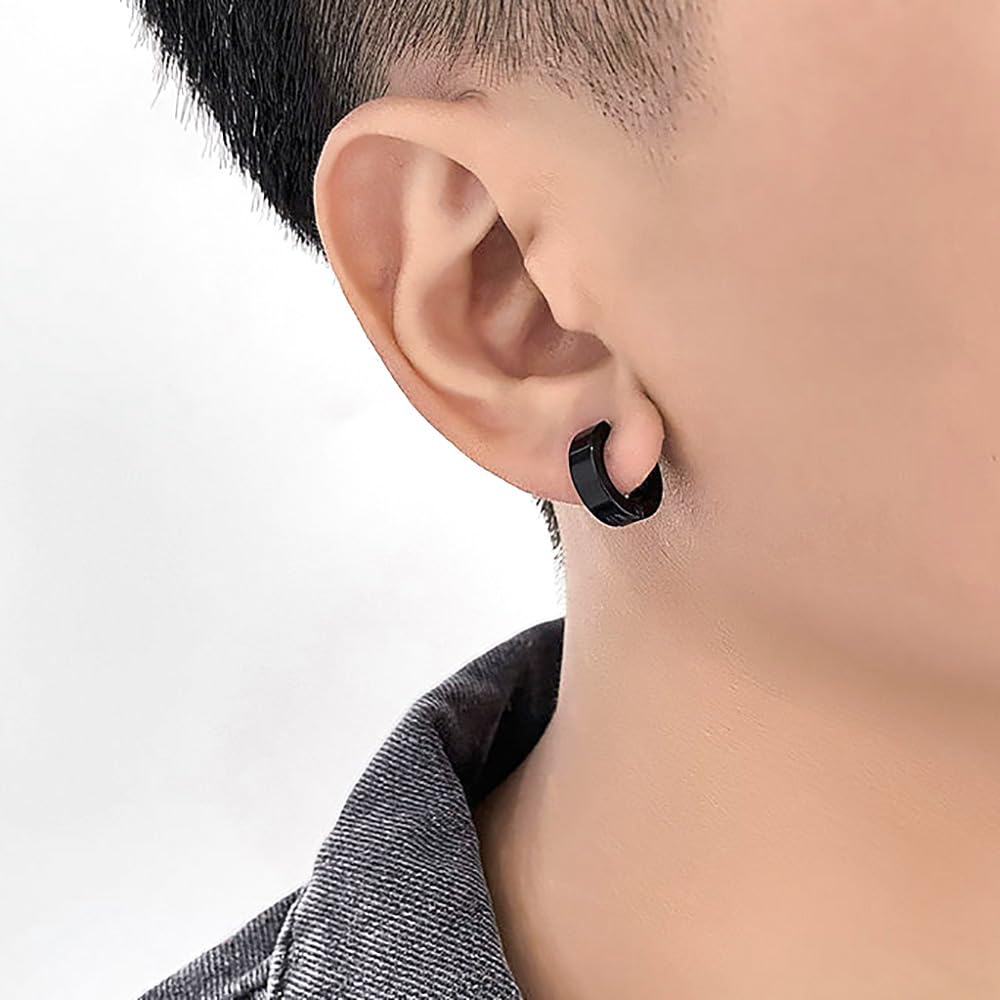 Niaspi 3Pcs Ear Cuff Earrings for Women Men Stainless Steel Non Piercing Clip On Cartilage Earrings Fake Huggie Hoops Earrings Gold/Silver/Black (Black)