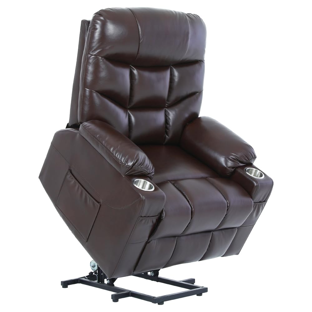S*MAX Oversized Power Lift Recliner Chair for Elderly X Large with Premium PU Leather Lift Chair Electric Recliner Powered by OKIN Motor Side Pockets USB Charge Port Stainless Cup Holder Brown