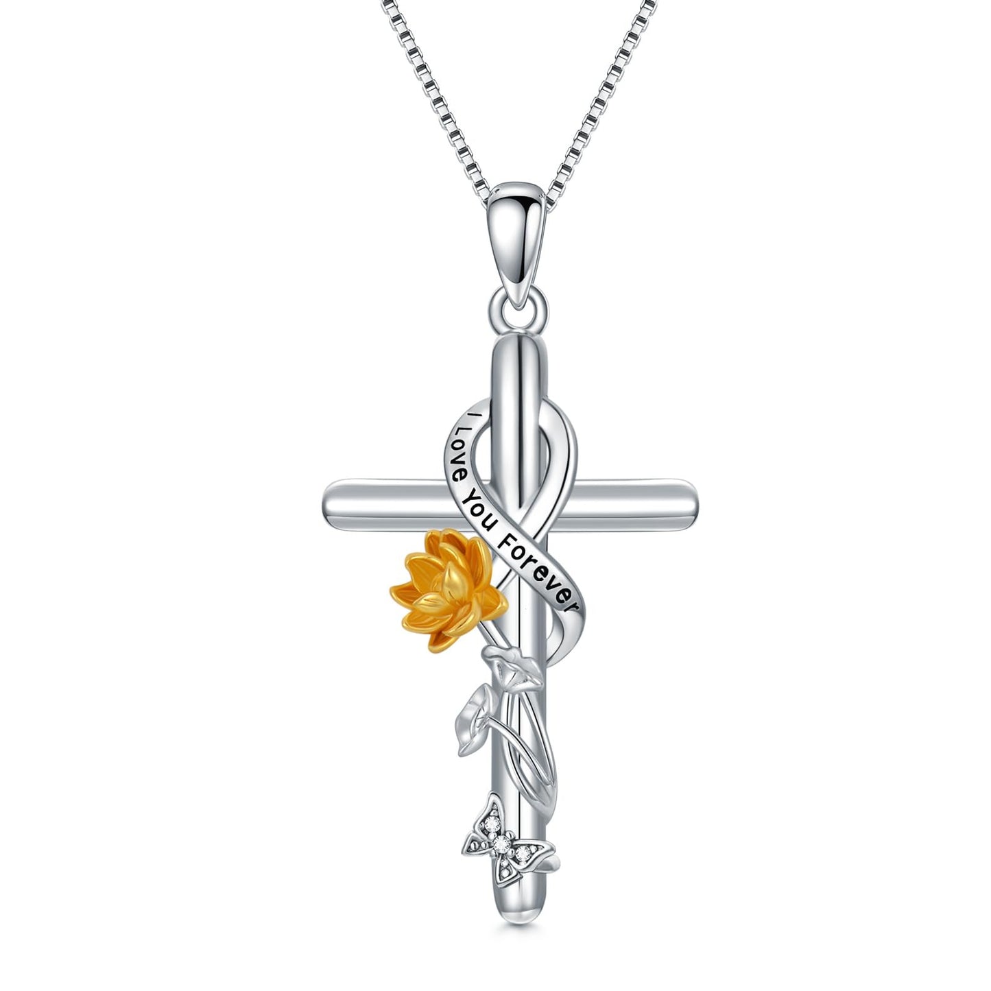 Flpruy Lotus Necklace for Women - 925 Sterling Silver July Birth Flower Cross Pendant - Lotus Jewelry Birthday Gift