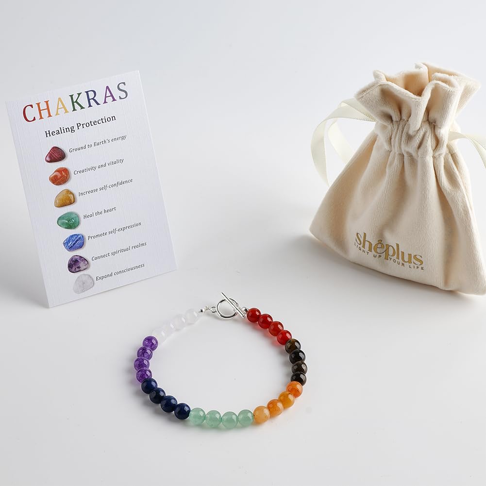 Sheplus Relaxation Gifts for Women - 7 Chakra Gemstone Bracelet for Women Men, Natural Crystal Beads with 925 Sterling Silver Toggle Clasp,Yoga Meditation Energy Jewelry