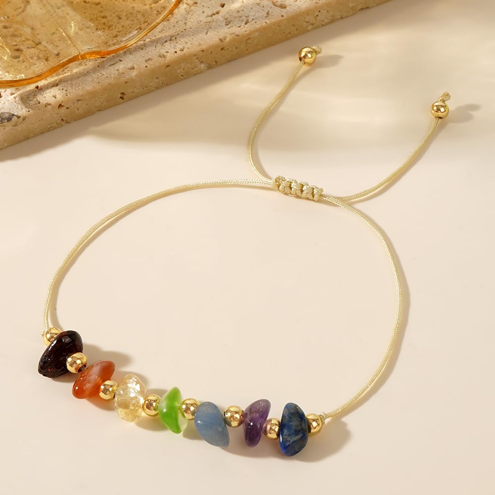 SHINUS BOHO Handmade Healing Colorful 7 Chakra Crystal Bracelets for Women,Gold Rainbow Quartz Beaded Gemstone Adjustable for Friendship Holiday Birthday Jewelry Gift.
