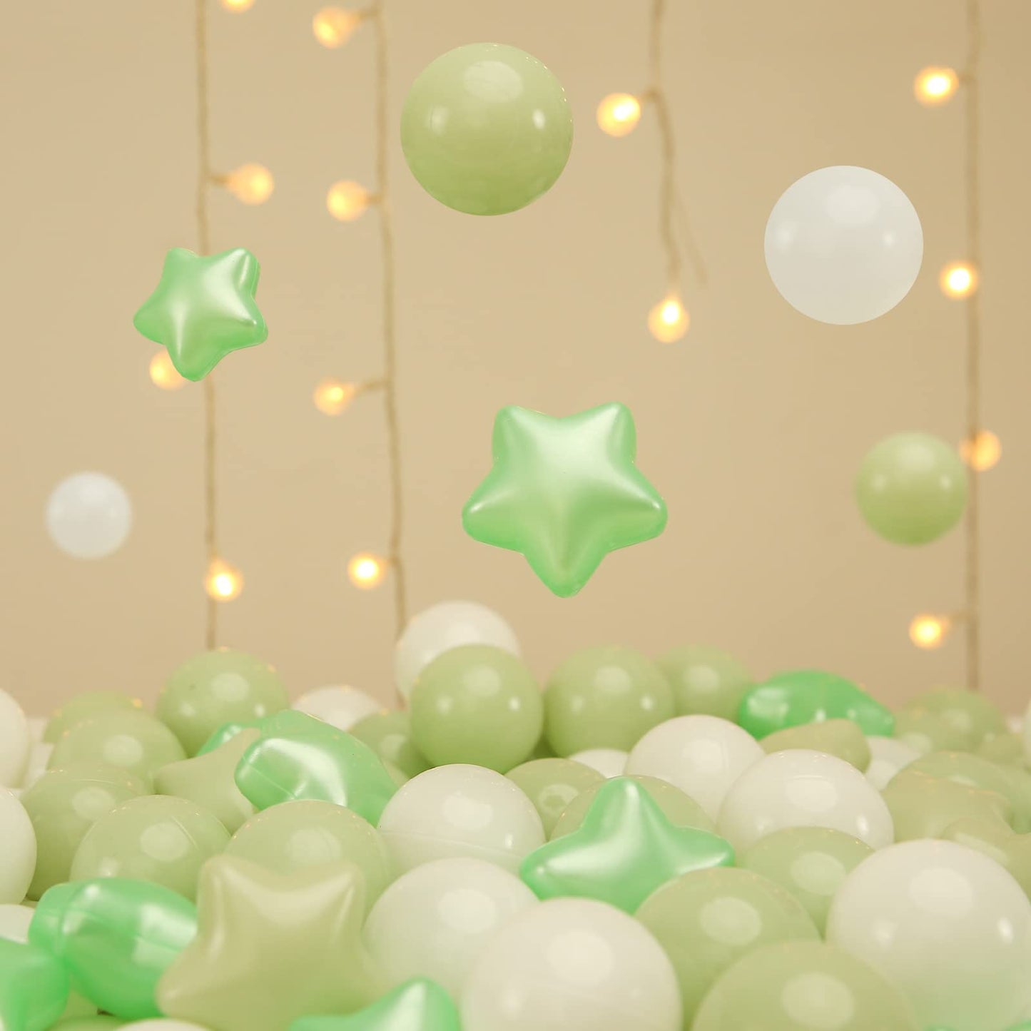 TRENDPLAY Star Ball Pit Balls for Toddlers - 100 Count Star Balls Different Shapes, Non-Toxic Plastic Balls for Boys Girls Festival Party Decoration, Pearl Green+Macaron Green