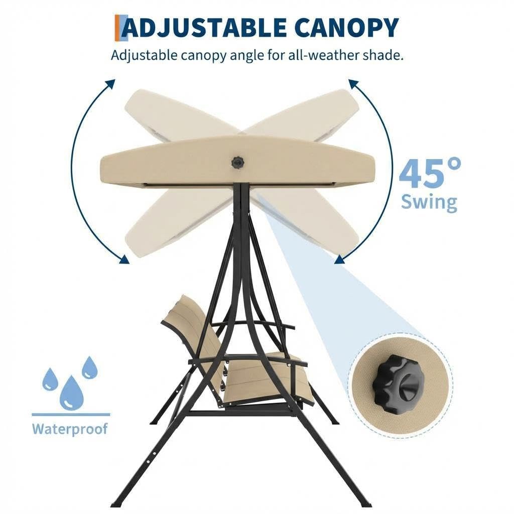 GarveeLife 3-Seat Patio Swing Chair, Outdoor Porch Hanging Chairs with Adjustable Canopy and Armrests, Breathable Textilene Fabric Seat & Backrest, Swing Bench for Garden, Poolside, Backyard, Beige