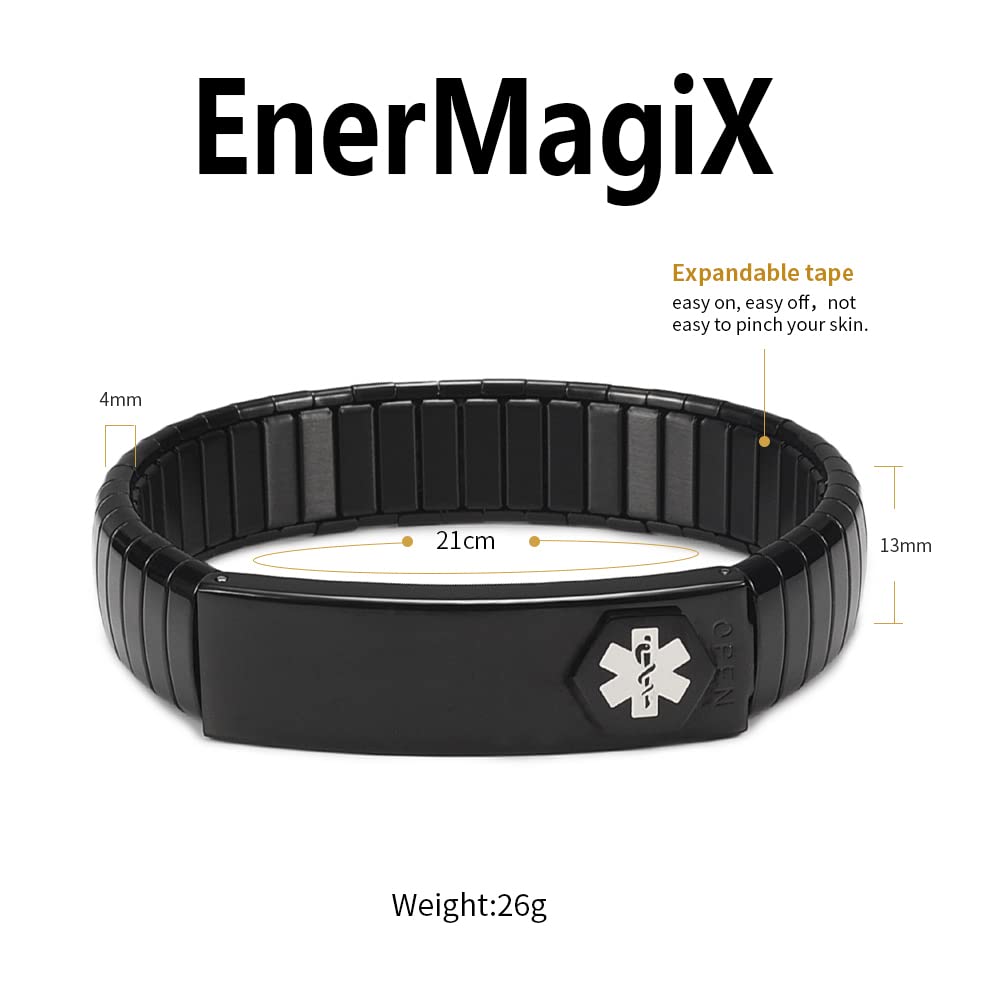 EnerMagiX Medical Alert Bracelet Men's Stainless Steel Personalized Adjustable Elastic Medical ID Bracelet 8.26'' (Black) for Diabetes, Allergies, Epilepsy, Penicillin, Writeable Cards