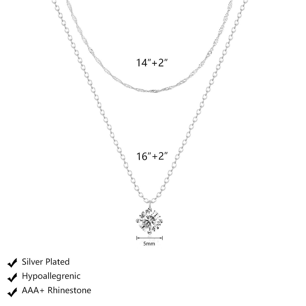 Zeffy Silver Necklace for Women Dainty Silver Layered Necklaces Silver Plated Diamond Necklaces Simple CZ Solitaire Pendant Necklace Cute Silver Chain Choker Necklaces for Women Trendy