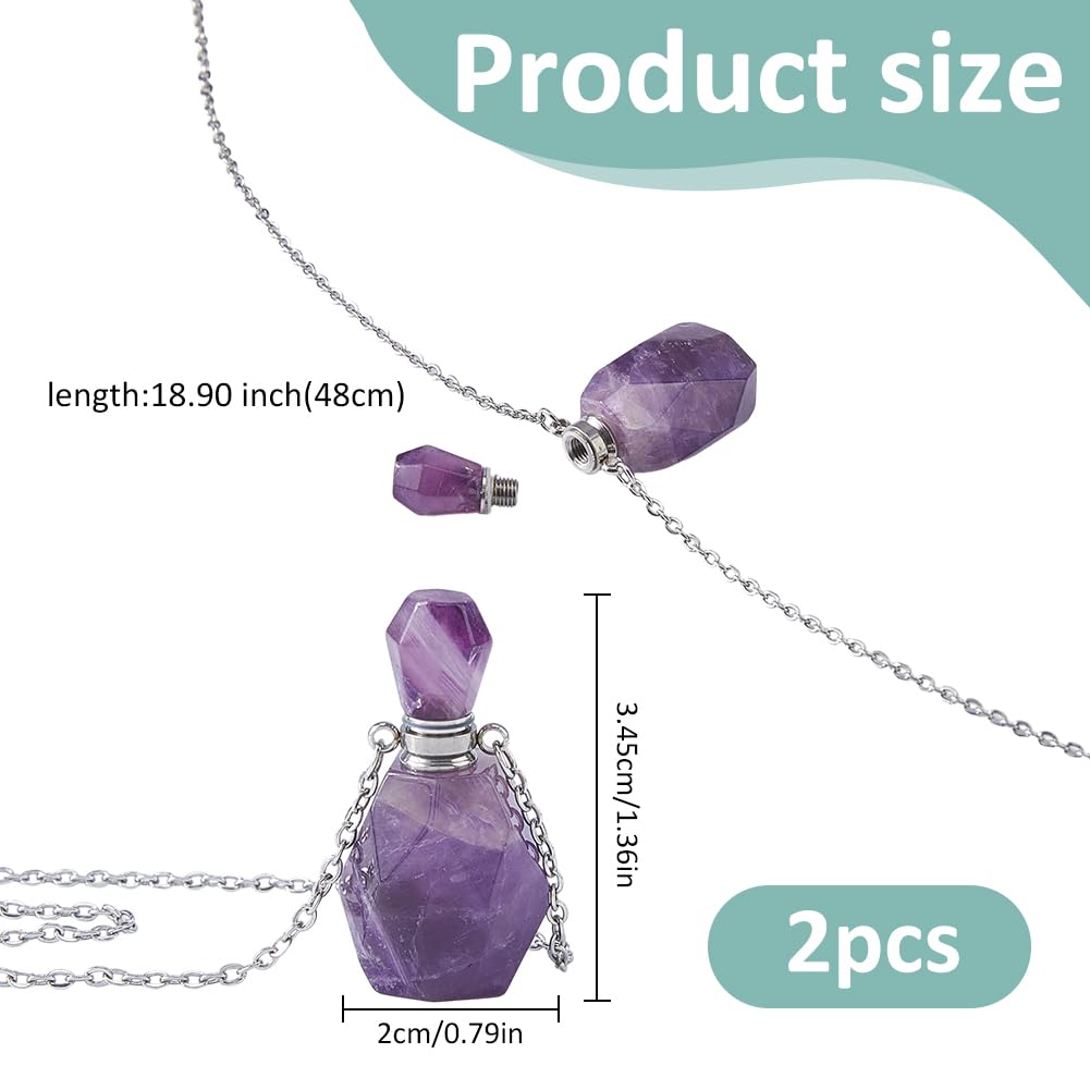SUPERFINDINGS 2Pcs Perfume Bottle Necklace Essential Oil Diffuser Necklace Purple Natural Amethyst Perfume Bottle Pendant with 304 Stainless Steel Chain Gemstone Vial Pendant for Woman Men