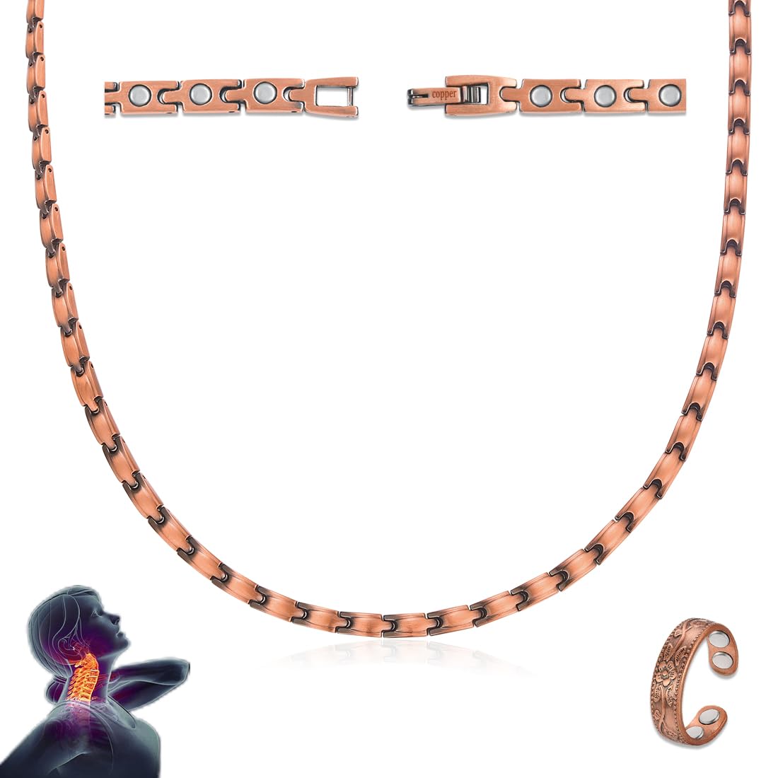 Vicmag Copper Magnetic Necklace for Women - Ultra Strength Magnets-99.9% Solid Pure Copper 2PCS Ring Necklace Set for Neck Adjustable Light Weight